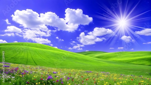 Sunny day in a green field with flowers
