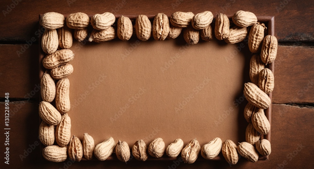 Peanuts on wooden table. Frame form copy space. Top view flat lay