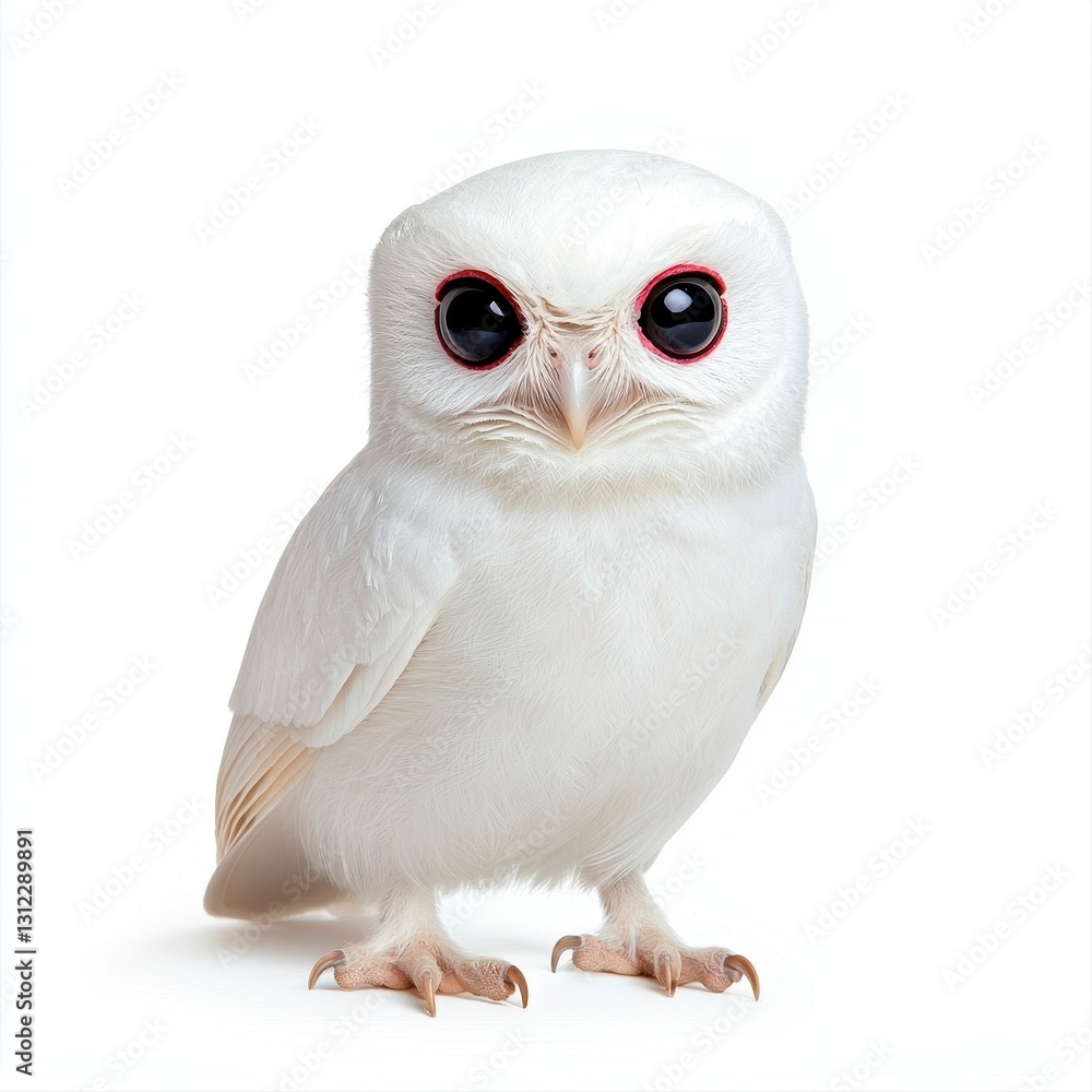 Stunning white owl with striking red eyes and unique black chest posed against a pure white background