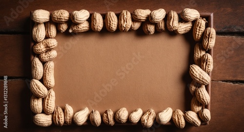 Obraz na płótnie Peanuts on wooden table. Frame form copy space. Top view flat lay w salonie