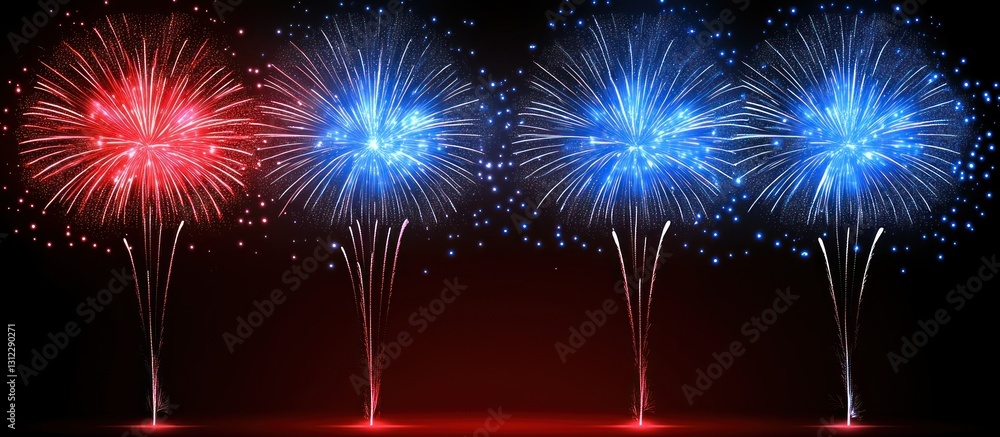 Festive red and blue fireworks display on dark background. Festive red and blue fireworks display on dark background.