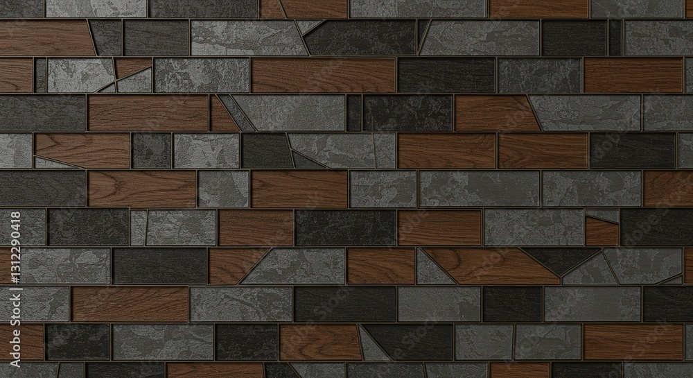 Modern Dark Brick Wall with Wood Accents: Contemporary Textured Background with Alternating Grey and Brown Blocks, Stylish Surface Detail for Interior and Exterior Design. Modern Dark Brick Wall with Wood Accents: Contemporary Textured Background with Alternating Grey and Brown Blocks, Stylish Surface Detail for Interior and Exterior Design.