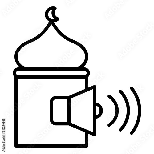 Minimalist outline icon of a minaret with a speaker, representing the Adhan (Islamic call to prayer), which marks the five daily prayers.