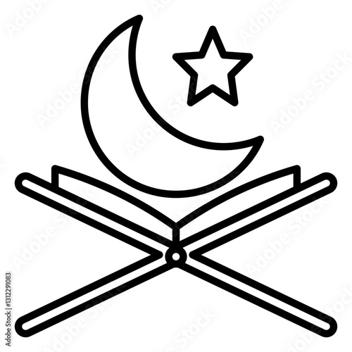 Minimalist outline icon of an open Quran on a rehal (book stand) with a crescent moon and star. Symbolizing Islamic faith, Ramadan, Eid, and spirituality