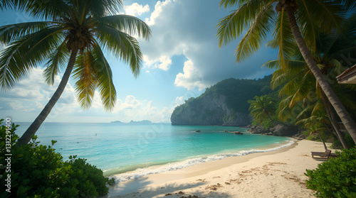 breathtaking tropical haven with crystal-clear turquoise waters, shaded by vibrant palms, and embraced by majestic rocky cliffs.