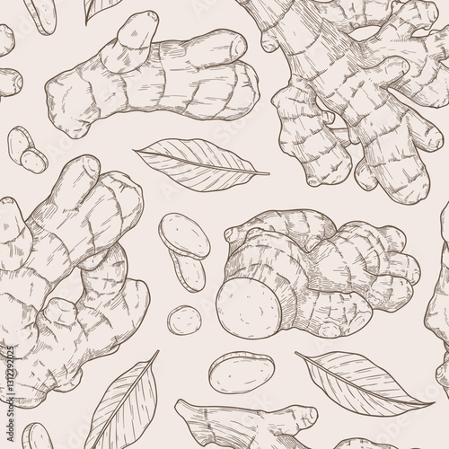 Seamless pattern with ginger root, slices, pieces and leaves. Linear organic vegetable concept. Natural spice hand drawn background for print, wrapping paper, fabric, banner, textile
