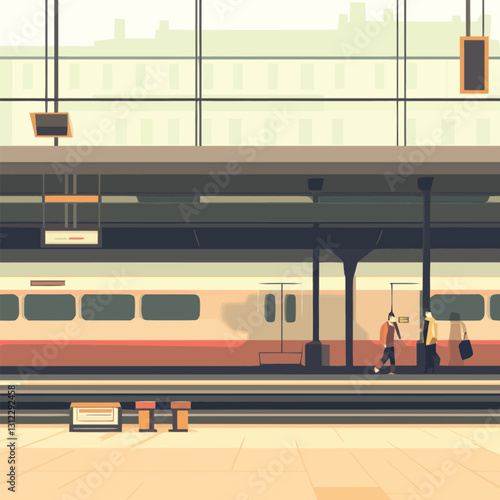 A flat 2D vector of a busy train station with people waiting.