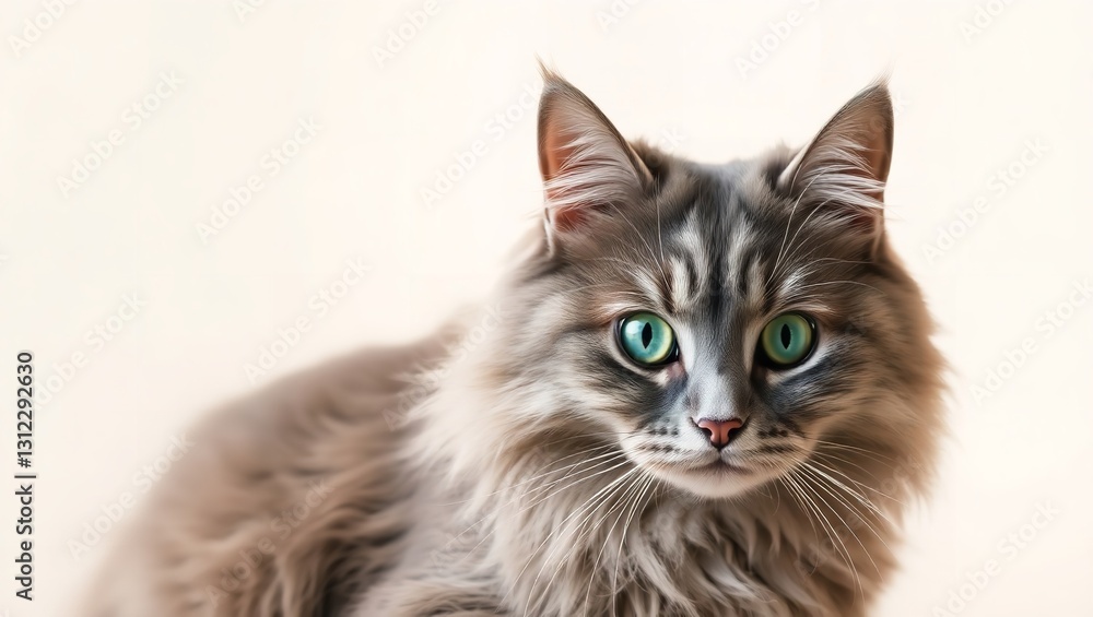 A majestic grey cat with captivating green eyes, a serene portrait against a soft, neutral background. A majestic grey cat with captivating green eyes, a serene portrait against a soft, neutral background.