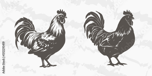 Rooster Silhouettes Vector Illustration in Profile View. Vector illustration of two rooster silhouettes in profile view. Detailed design showcases the characteristic features of roosters