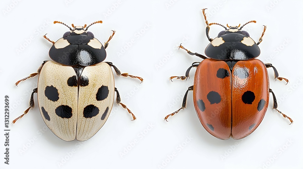 Obraz premium Two Ladybugs: Close-Up View of Red and Cream Colored Insects with Black Spots on White Background