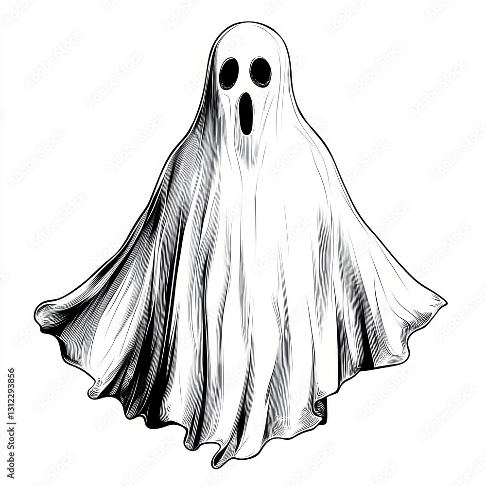 A ghostly figure with a wide mouth and three eyes is drawn in black and white A ghostly figure with a wide mouth and three eyes is drawn in black and white