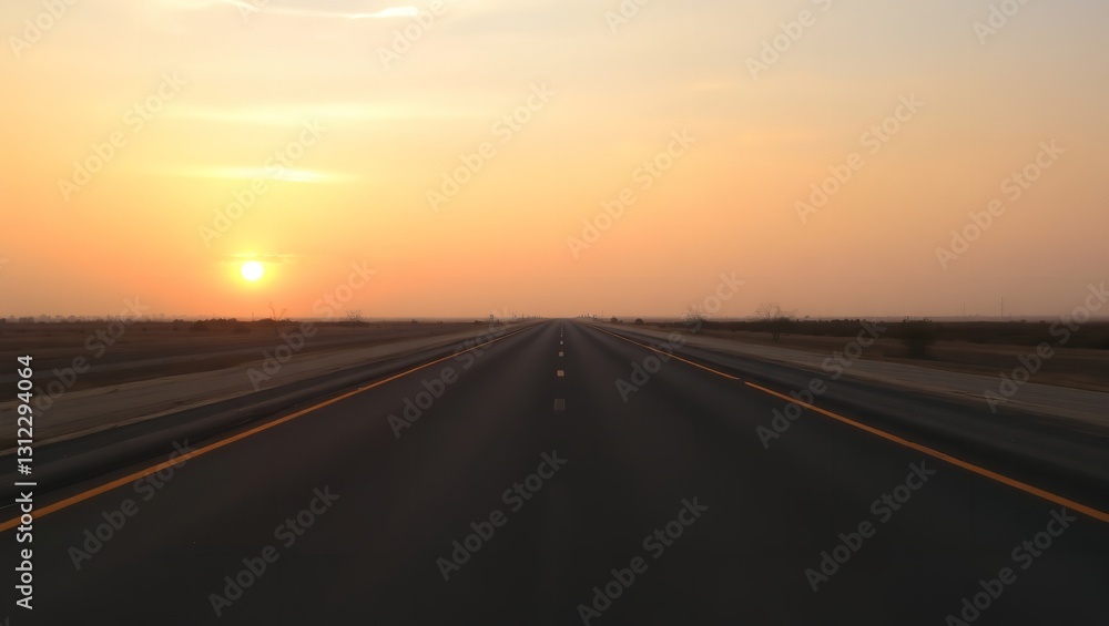 A serene sunset journey on a long, empty highway stretching towards a fiery horizon under a warm, golden sky. A serene sunset journey on a long, empty highway stretching towards a fiery horizon under a warm, golden sky.