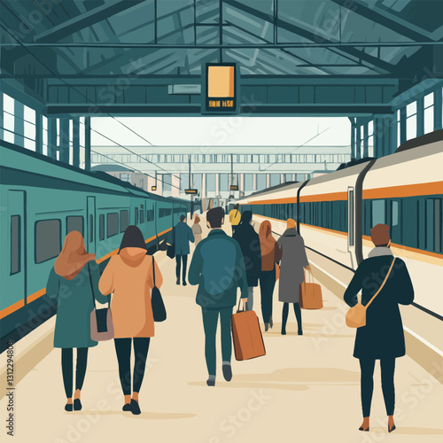 A flat 2D vector of a busy train station with people waiting.