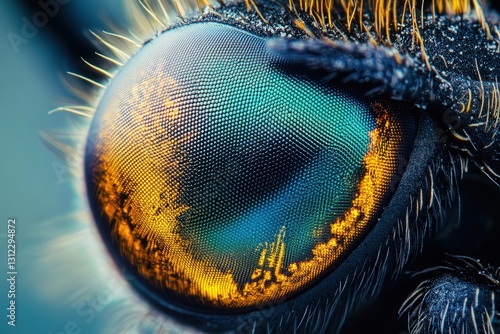 Vivid blue-green and yellow hues dance in an insect's eye, revealing vibrant iridescence at close-up. A mesmerizing glimpse into nature’s artistry. (147 characters) photo