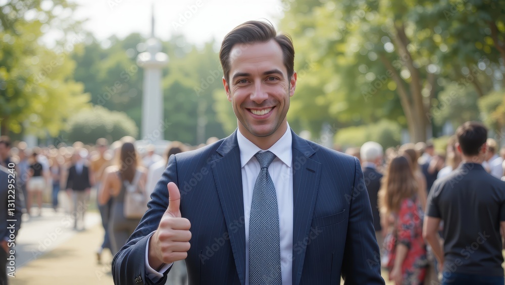 Confident Man in Business Attire Giving Thumbs Up with Crowd in Outdoor Park Setting Confident Man in Business Attire Giving Thumbs Up with Crowd in Outdoor Park Setting