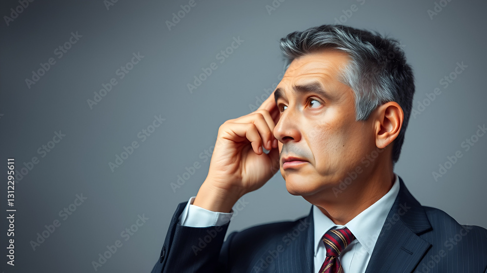 Middle-aged Hispanic businessman with real estate theme touching back of head, thinking and making a choice. Middle-aged Hispanic businessman with real estate theme touching back of head, thinking and making a choice.