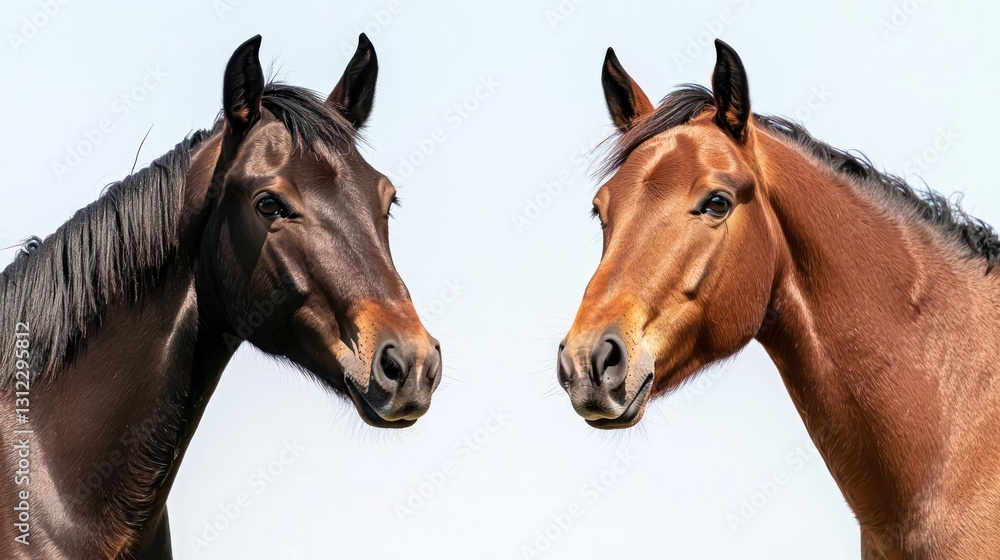 Two Horses Headshot Against White Background Two Horses Headshot Against White Background