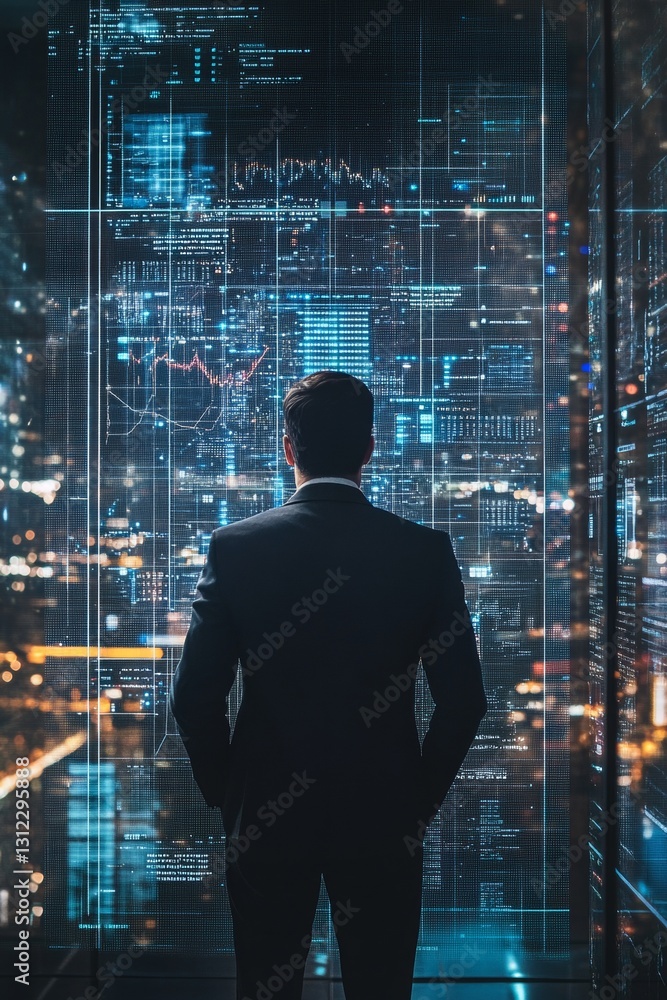 A man in a suit stands in front of a window looking out at a city A man in a suit stands in front of a window looking out at a city