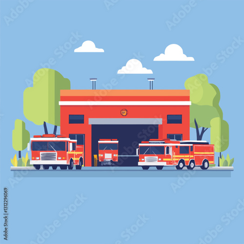  A flat 2D vector of a fire station with red fire trucks outside.