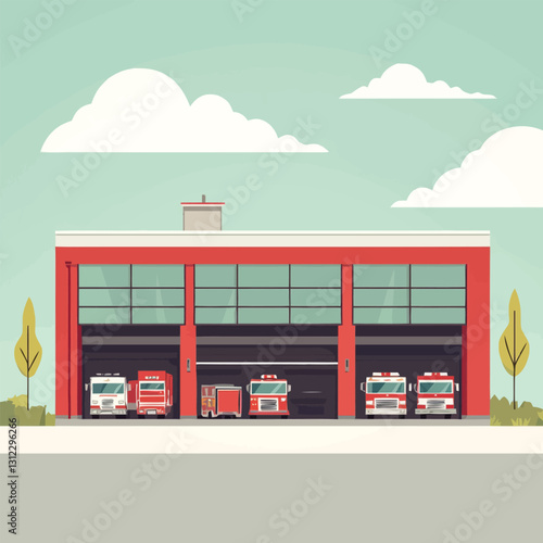  A flat 2D vector of a fire station with red fire trucks outside.