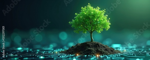 Green tree growing on computer motherboard circuit. Sustainable, environmentally friendly tech concept. Digital tech merges with natural world. Growth, ecology, future, modern technologies, energy,