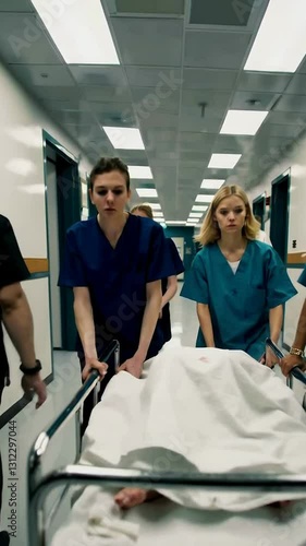 Emergency healthcare team rushing patient through hospital corridor for critical care intervention