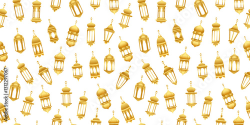 Hanging lantern background. Islamic golden lamp seamless pattern wallpaper