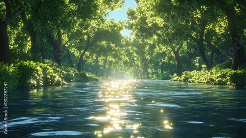 The tranquil river flowing through a lush green and dense forest