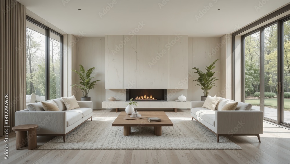 Spacious Modern Living Room with Cozy Furniture and Sunlight Streaming Through Large Windows Spacious Modern Living Room with Cozy Furniture and Sunlight Streaming Through Large Windows