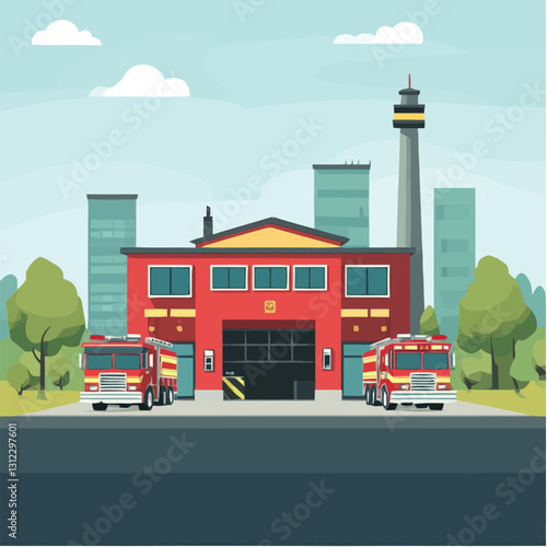  A flat 2D vector of a fire station with red fire trucks outside.