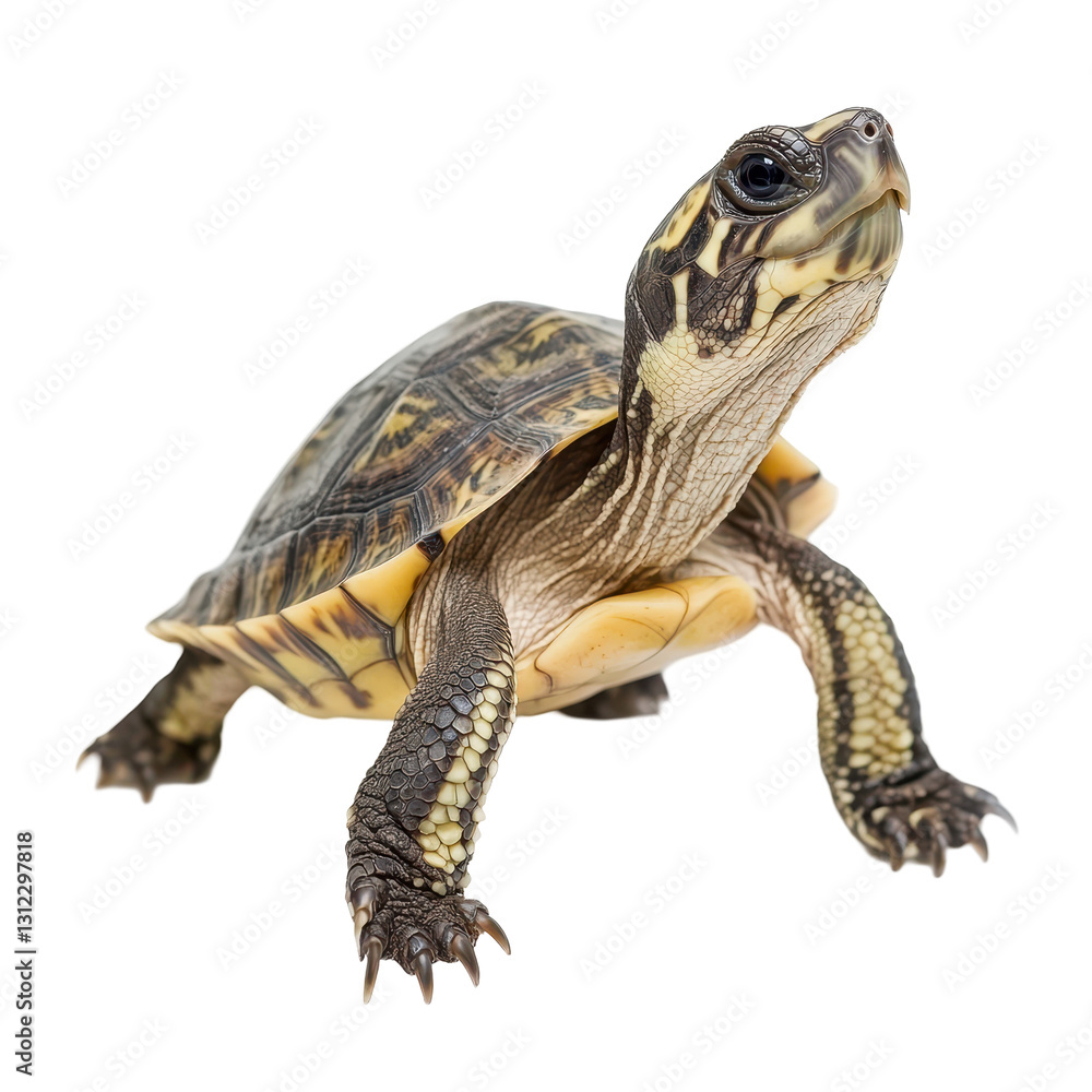 A beautiful turtle walking on a flat surface. transparent background A beautiful turtle walking on a flat surface. transparent background
