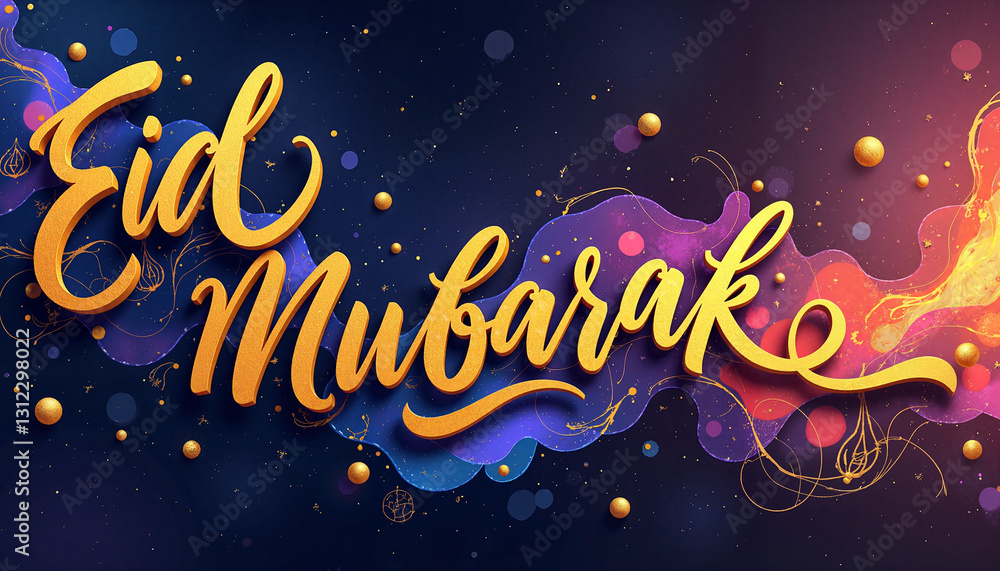 Dynamic Eid Mubarak calligraphy in cosmic colors, artistic celebration Dynamic Eid Mubarak calligraphy in cosmic colors, artistic celebration