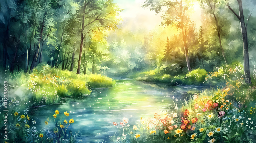 Obraz premium Serene Summer Stream A Watercolor Landscape of Tranquility