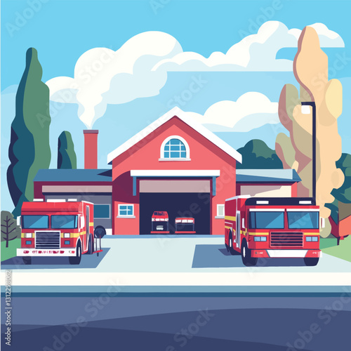  A flat 2D vector of a fire station with red fire trucks outside.