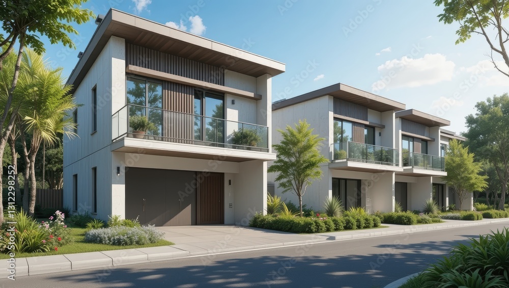 Modern Residential Houses with Balconies and Lush Landscaping on a Sunny Day in Urban Setting Modern Residential Houses with Balconies and Lush Landscaping on a Sunny Day in Urban Setting