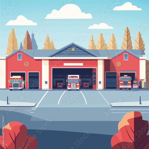  A flat 2D vector of a fire station with red fire trucks outside.
