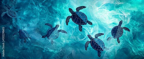 Panel kuchenny z motywem Stylized dark-blue sea turtles swim in turquoise water, creating a serene underwater scene symbolizing peace, freedom, and ocean life, suitable for decor or marine themes