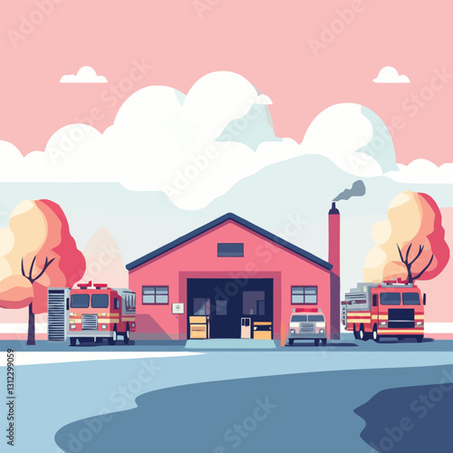  A flat 2D vector of a fire station with red fire trucks outside.