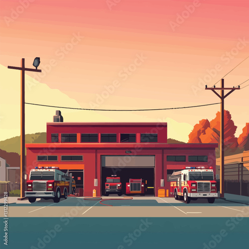  A flat 2D vector of a fire station with red fire trucks outside.