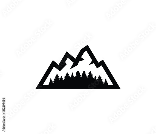 Simple black and white mountain and forest silhouette graphic.