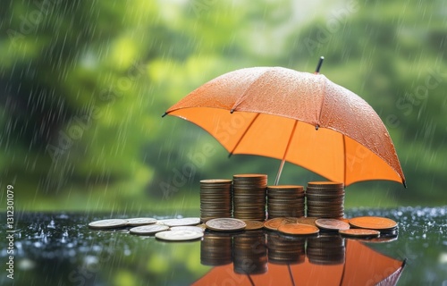 Wallpaper Mural an orange umbrella over a stack of coins on a green background with rain droplets, conveying the concept of financial protection Torontodigital.ca