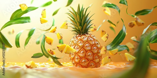 Realistic 3D Icon Cartoon of A Spinning Pineapple with Green Leaves Twisting on a Warm Summer Background