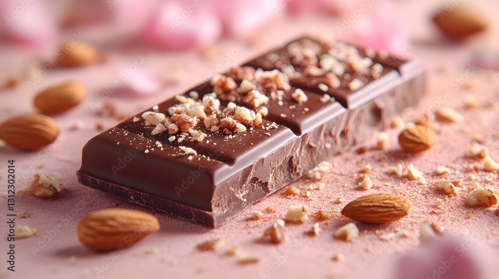 Indulge in a Tempting Chocolate Bar Infused with Crunchy Nuts Against a Soft Pastel Background Indulge in a Tempting Chocolate Bar Infused with Crunchy Nuts Against a Soft Pastel Background