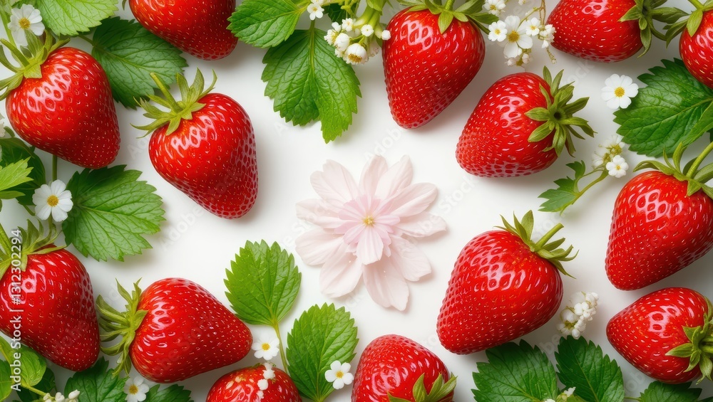 Fresh Red Strawberries Surrounded by Green Leaves and Delicate White Flowers on White Background Fresh Red Strawberries Surrounded by Green Leaves and Delicate White Flowers on White Background