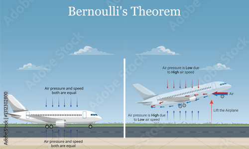Illustration of Bernoulli's Theorem Airplane Lifting Due to Air Pressure Differences