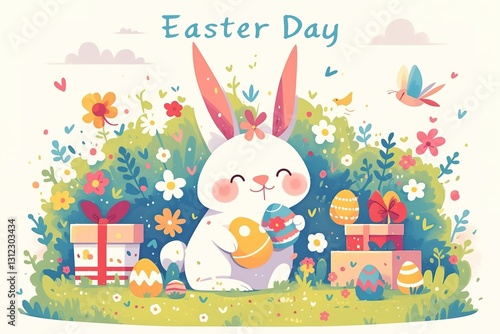 Cute Easter illustration with white rabbit holding colorful eggs, surrounded by gifts, flowers, grass and “Easter Day” text. Festive Easter celebration scene. photo