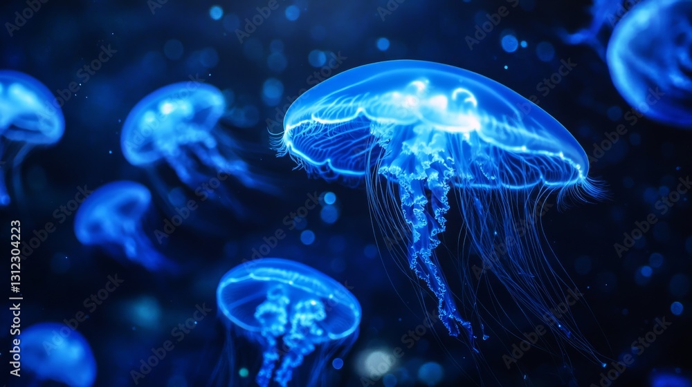 Abstract jellyfish glowing on a deep blue ocean background generative ai Abstract jellyfish glowing on a deep blue ocean background generative ai