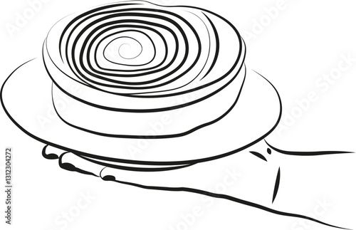 Une illustration d'une main tenant une assiette avec un kouign-amann pâtisserie française