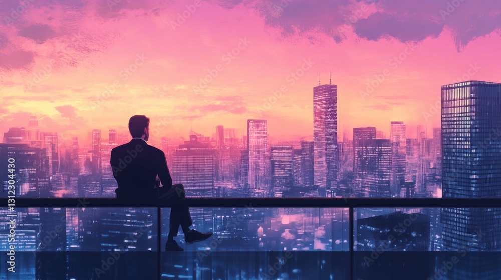 A man is sitting on a ledge overlooking a city at night A man is sitting on a ledge overlooking a city at night