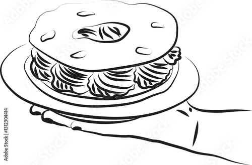 Une illustration d'une main tenant une assiette avec un paris brest pâtisserie française